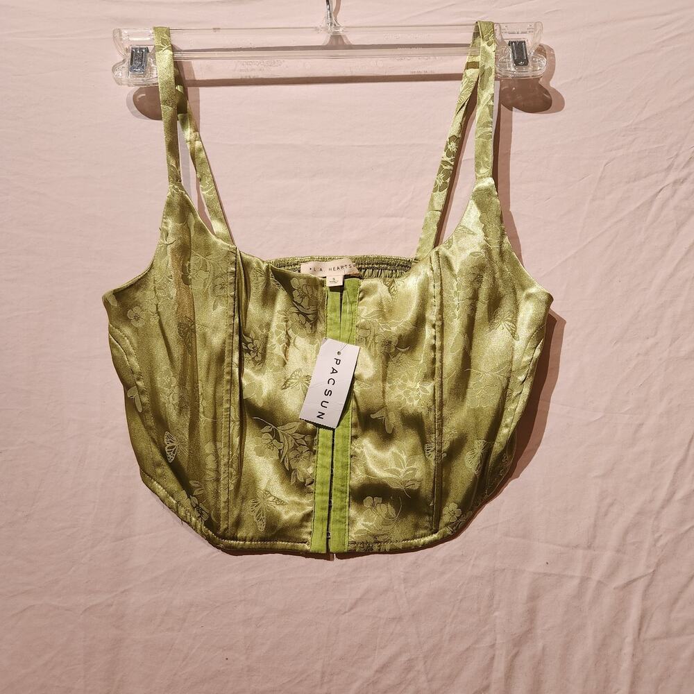 Pacsun LA Hearts Sz S Shiny Lime Green NWT Corset Strappy Top Floral Etching - Picture 7 of 7